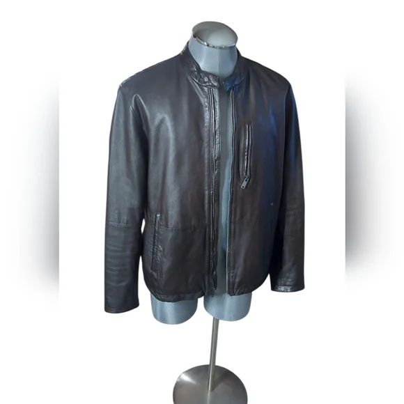 John Varvatos Lambskin | Leather Motorcycle | Ribbed Bomber Jacket | Cognac - Picture 1 of 10